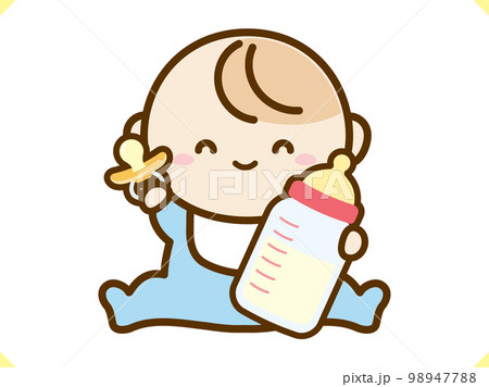 おしゃぶりと哺乳瓶を持った赤ちゃん服水色 98947788