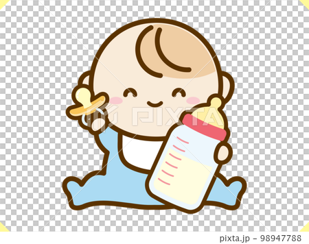 おしゃぶりと哺乳瓶を持った赤ちゃん服水色 98947788