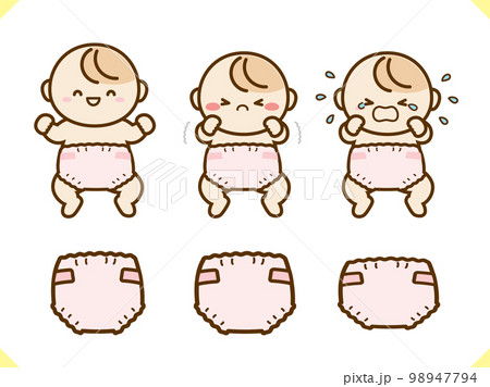 おむつと赤ちゃんのイラスト素材セットピンク おむつと赤ちゃんのイラスト素材セットピンク 98947794