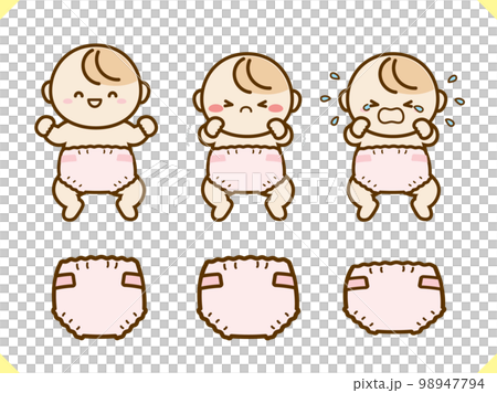 おむつと赤ちゃんのイラスト素材セットピンク おむつと赤ちゃんのイラスト素材セットピンク 98947794