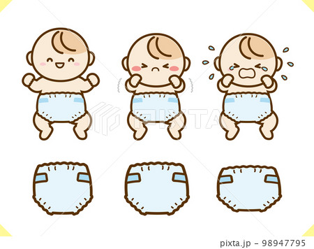 おむつと赤ちゃんのイラスト素材セットブルー 98947795