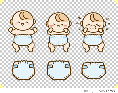 おむつと赤ちゃんのイラスト素材セットブルー 98947795