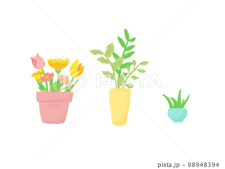 観葉植物と花の植木鉢 かわいくてシンプルな手描きイラストセットの