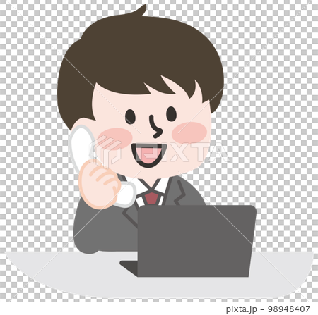A male office worker who makes a phone call at the desk A male office worker who makes a phone call at the desk 98948407