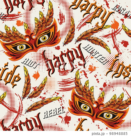 Pattern with scary masquerade mask, feathers, yellow eyes behind, text Harpy inside. Concept of insane rebellious character, inner strenght For prints, clothing, t shirt, surface design 98948885