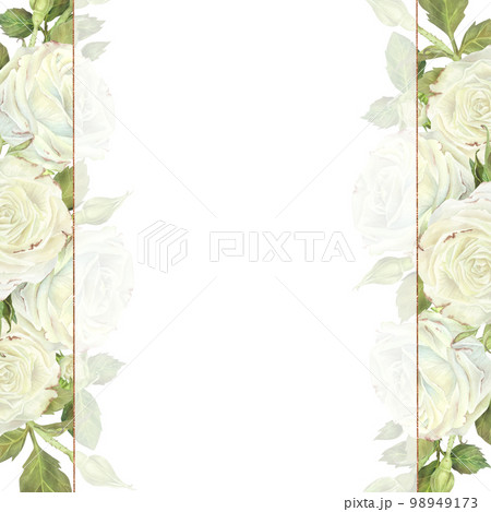 Watercolor illustration. Square frame with white roses with translucent veil and gold edging. Place for inscription or text. Isolated on a white background.For design of card, wedding invitation 98949173