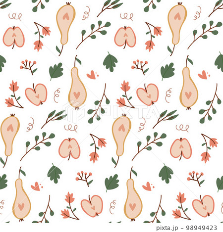Seamless pattern with autumn fruits. Cut apples and pears. Hand drawn flat vector style. Design element for wrapping paper, wallpaper and fabric. 98949423