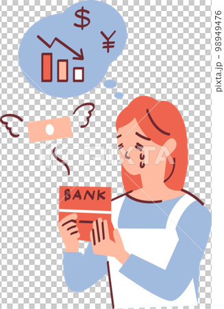 股票價格下跌時情緒低落的家庭主婦的插圖 98949476