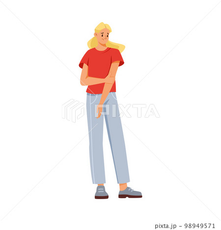 Woman Character Suffering from Pain or Ache in Her Arm Vector Illustration Woman Character Suffering from Pain or Ache in Her Arm Vector Illustration 98949571