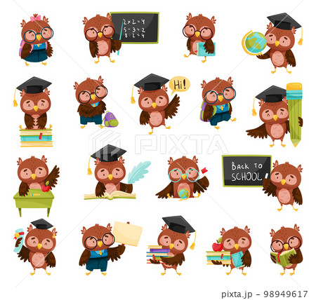 Funny Owl in Glasses with Books and Backpack Big Vector Set 98949617