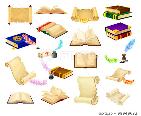 Old Books in Hard Cover with Pages and Scrolls with Quill Big Vector Set Old Books in Hard Cover with Pages and Scrolls with Quill Big Vector Set 98949632