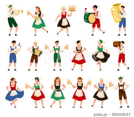 People Characters in Traditional Bavarian Costumes Playing Musical Instrument and Carrying Beer Mug Big Vector Set 98949633