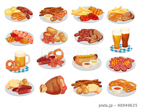 Oktoberfest Food Served on Plate and Beer in Mug Big Vector Set 98949635