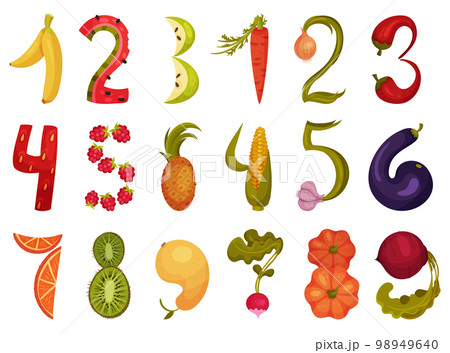 Fruit and Vegetable Numbers and Numerals Big Vector Set 98949640