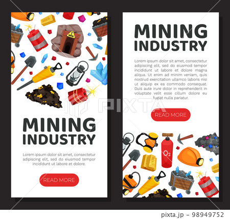 Mining Industry Banner Design with Minerals and Equipment Vector Template Mining Industry Banner Design with Minerals and Equipment Vector Template 98949752