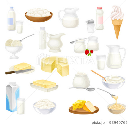 Dairy Products with Cottage Cheese, Milk, Butter, Yoghurt and Ice Cream Big Vector Set 98949763