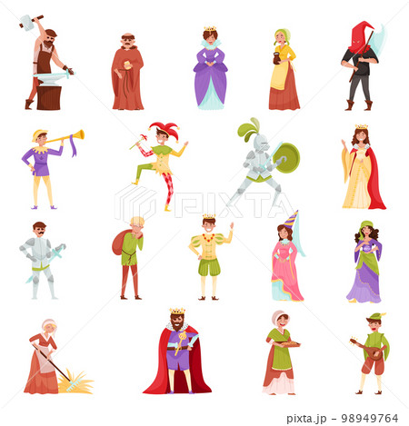 Middle Ages Century People Characters Big Vector Illustration Set 98949764