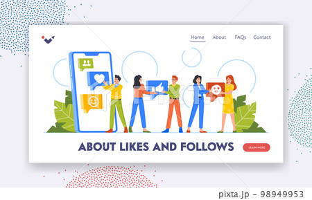 Young People Share Likes in Social Networks Landing Page Template. Characters Chat through Internet Site Young People Share Likes in Social Networks Landing Page Template. Characters Chat through Internet Site 98949953