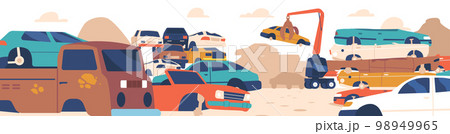 Crashed Cars Dump. Crane Manipulator Replacing Old Car. Used Vehicles Stand in Rows and Piled Up. Vector Illustration 98949965