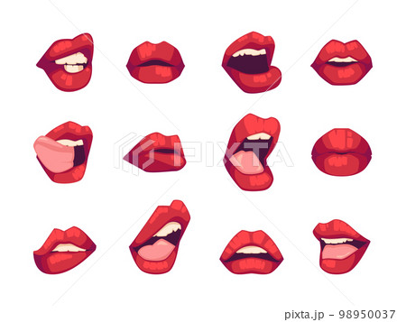 Women Mouths with Red Lipstick Set. Plump Lip Movements. Licking, Biting Lips Pictures. Cartoon Vector Illustration 98950037