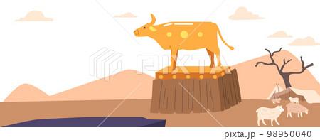 Large Golden Taurus Standing on Pedestal in Desert. Jews Statue of Animal for Worship. Cartoon Vector Illustration Large Golden Taurus Standing on Pedestal in Desert. Jews Statue of Animal for Worship. Cartoon Vector Illustration 98950040