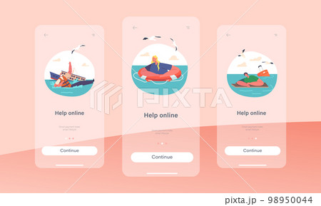 Help Online Mobile App Page Onboard Screen Template. Tourists Need Help at Sea Concept. Cartoon Vector Illustration 98950044