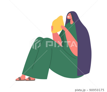 Smiling Woman Sits Holding Loaf of Bread. Hungry Female Hearer of Edifying Sermon. Cartoon People Vector Illustration Smiling Woman Sits Holding Loaf of Bread. Hungry Female Hearer of Edifying Sermon. Cartoon People Vector Illustration 98950175