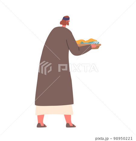 Follower of Jesus Holds Tray with Bread and Fish. Believing Man Gives Food to Hungry People. Cartoon Vector Illustration 98950221