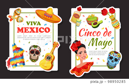 Ethnic Mexican Symbols Banner Design with Traditional Objects Vector Template 98950285
