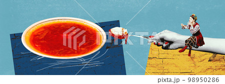 Contemporary art collage. Conceptual design. Beautiful young ukrainian girl in national clothes eating national dish - borsch 98950286