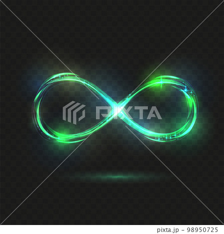 Green sparkle Infinity symbol at dark background. Drawing linear decorative illustration. Logo presentation. Mint neon glitter spark spiral wavy line. 98950725