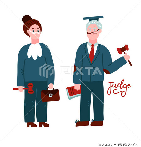 Two judges woman and man.Court workers in judicial robe holding book and hummer. Law justice professional occupation concept. Hand drawn characters full length isolated. Flat vector illustration. 98950777