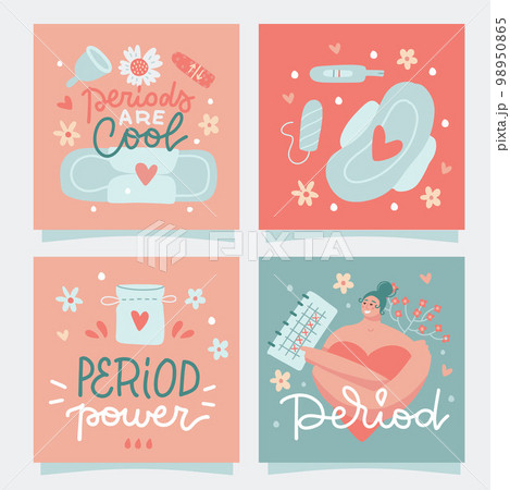 Quite cards set with Lettering compositions about menstruation. Quotes about female period with menstrual blood, woman, sanitary pad, tampon, reusable cup and flowers. Flat vector illustrations Quite cards set with Lettering compositions about menstruation. Quotes about female period with menstrual blood, woman, sanitary pad, tampon, reusable cup and flowers. Flat vector illustrations 98950865
