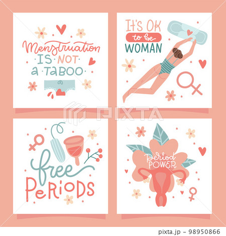 Set of cards with quotes about period with menstrual blood, panties, sanitary pad, tampon, reusable cup, female womb and flowers. Lettering compositions about menstruation. Vector flat illustrations. Set of cards with quotes about period with menstrual blood, panties, sanitary pad, tampon, reusable cup, female womb and flowers. Lettering compositions about menstruation. Vector flat illustrations. 98950866