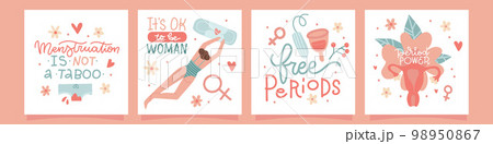 Set of cards with quotes about period with menstrual blood, panties, sanitary pad, tampon, reusable cup, female womb and flowers. Lettering compositions about menstruation. Vector flat illustrations. 98950867