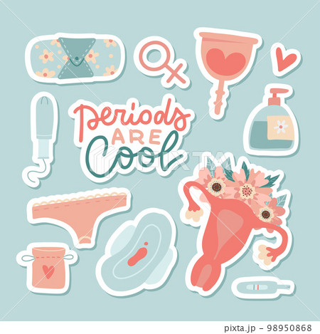 Sticker set of menstruation, period elements, uterus. Collection of flowers, tampon, female womb, pads, cup, panties. Menstruation hygiene in critical days. Flat hand drawn cartoon vector illustration Sticker set of menstruation, period elements, uterus. Collection of flowers, tampon, female womb, pads, cup, panties. Menstruation hygiene in critical days. Flat hand drawn cartoon vector illustration 98950868