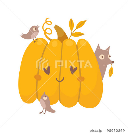 Cute pumpkins in love with birds and fox. Cute picture for Halloween or Thanksgiving. Autumn print concept. Vector flat hand drawn illustration isolated on white background. 98950869