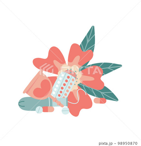 Concept of periods, pain during menstruation. Vials, tablets, pain reliever, menstrual cup, tampon. Hand drawn vector flat style illustration Concept of periods, pain during menstruation. Vials, tablets, pain reliever, menstrual cup, tampon. Hand drawn vector flat style illustration 98950870