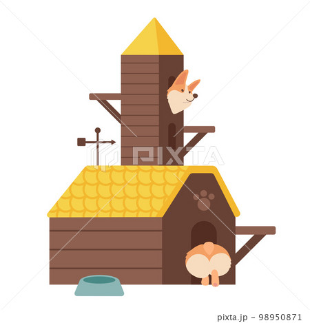 Barkitecture caoncept with big DogHouse, pet house fot corgis. Two-storied Dog House Flat vector illustration. Barkitecture caoncept with big DogHouse, pet house fot corgis. Two-storied Dog House Flat vector illustration. 98950871