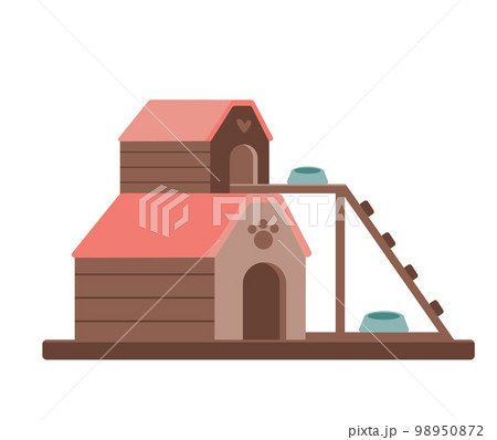 Barkitecture and Hotel for pets element. Two-storied Kennel for homeless animals. Big wooden doghouse isolated on a white background. Vector flat architectural object for animation, cards. Barkitecture and Hotel for pets element. Two-storied Kennel for homeless animals. Big wooden doghouse isolated on a white background. Vector flat architectural object for animation, cards. 98950872