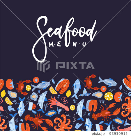 Seafood menu design for restaurant or cafe. Vector flat template with pattern decor and hand drawn lettering text. Seafood menu design for restaurant or cafe. Vector flat template with pattern decor and hand drawn lettering text. 98950915