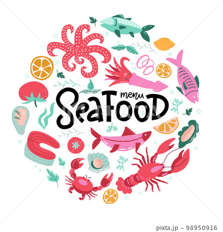 Round shape print with color fish and seafood icons with hand lettering. Food sign for menu and market. Illustration for print, web. Circle design element. Round shape print with color fish and seafood icons with hand lettering. Food sign for menu and market. Illustration for print, web. Circle design element. 98950916