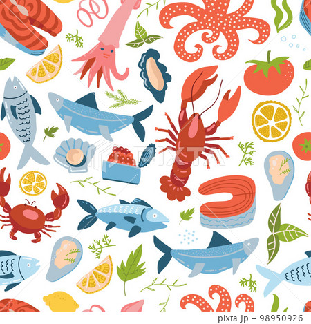 Sea animal set seamless pattern with , king crab, crawfish and fish. Sea food ornament. Cute colored repeated textures in simple flat vector style. Perfect for fabric design and wallpaper. 98950926