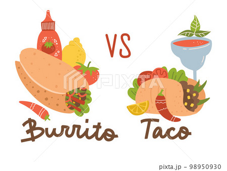 Mexican food set. Burrito vs taco. Colored collection with burrito, taco, chilli, margarita cocktail and sauce. Vector illustration in flat style, cartoon style Mexican food set. Burrito vs taco. Colored collection with burrito, taco, chilli, margarita cocktail and sauce. Vector illustration in flat style, cartoon style 98950930