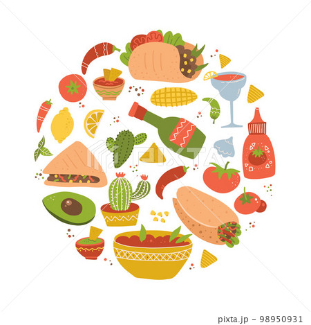 Colorful hand drawn set of Mexican food cartoon tasty objects, symbols and items - taco, burrito, margarita, cactus. Round shape composition. Flat vector illustration. 98950931