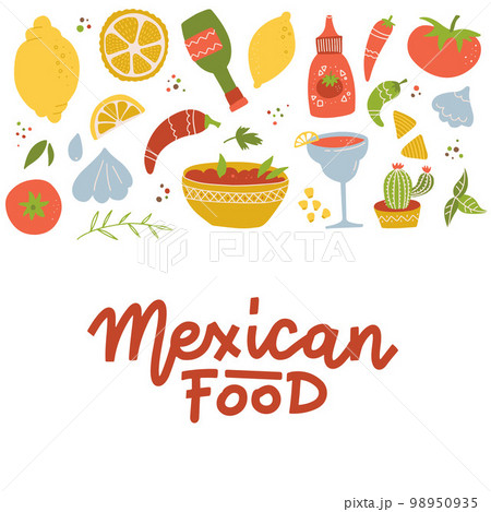 Set of Mexican national tradition food drink and features bright color flat icon isolated vector illustration. Hand drawn lettering Mexican food. Set of Mexican national tradition food drink and features bright color flat icon isolated vector illustration. Hand drawn lettering Mexican food. 98950935