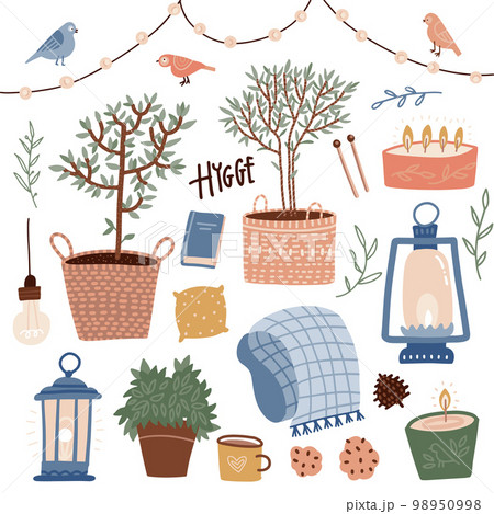 Set of hygge summer elements with text. Hand drawn flat vector illustration of cute interior decorations. Cozy mood elements of country life for evenings on the veranda. Scandinavian lifestyle 98950998