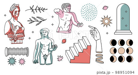 Set of linear Greek trippi sculptures surreal and antique. Contour vector illustration with abstract spots and shadows. Psychedelic emoticons in the style of the 1990s. Y2K silhouettes elements. 98951094