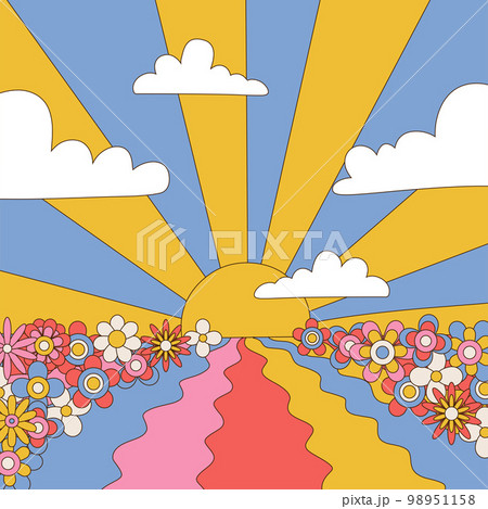 1970s good vibes square poster. Vibrant retro psychedelic fancy landscape with fields, daisy flowers and sun. Hippie flower power banner in 1960 vintage hand drawn style. Vector illustration. 1970s good vibes square poster. Vibrant retro psychedelic fancy landscape with fields, daisy flowers and sun. Hippie flower power banner in 1960 vintage hand drawn style. Vector illustration. 98951158