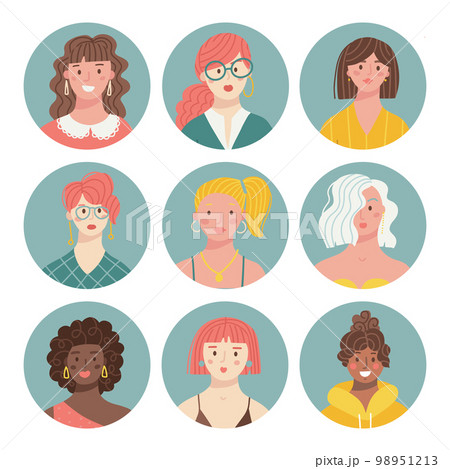 Set of different female people avatars. Collection of colorful user portraits in circles. Women characters faces. Vector illustration in flat cartoon style Set of different female people avatars. Collection of colorful user portraits in circles. Women characters faces. Vector illustration in flat cartoon style 98951213